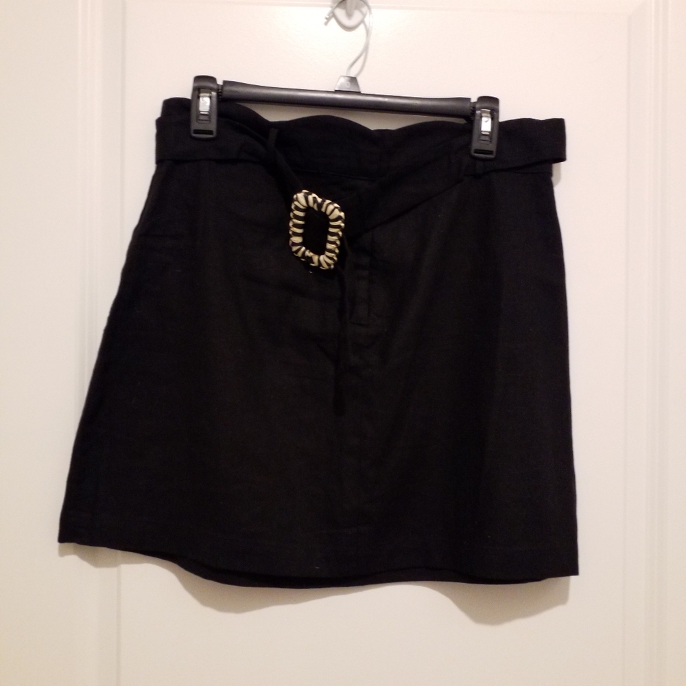NWT Blu Pepper Black Linen Miniskirt With Belt, Size L